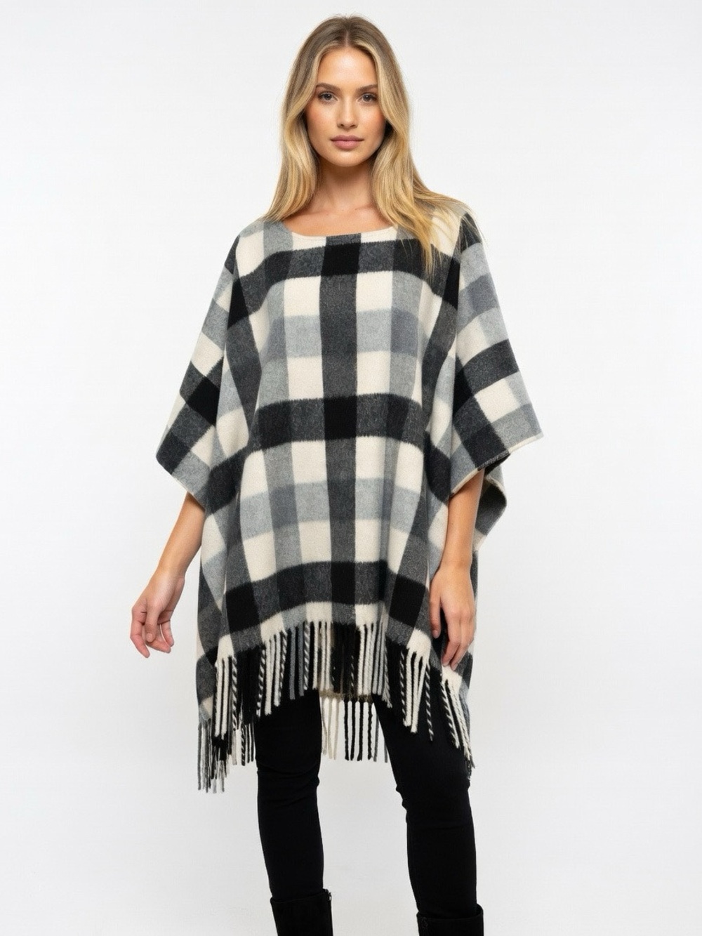 Michael Kors Black & White Plaid Fringe Wool blend Poncho